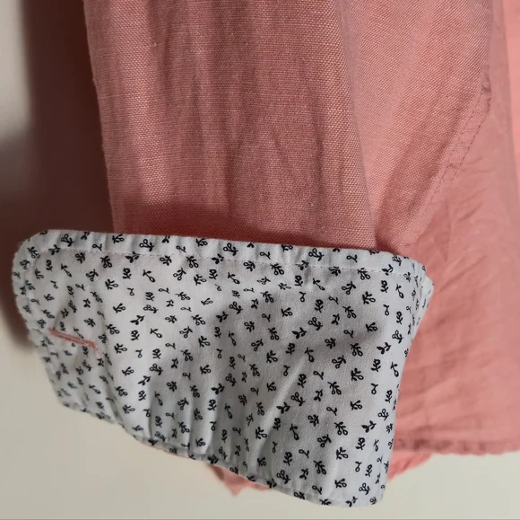 Old Khaki Large Salmon Pink Linen Cotton Blend Button Down Floral Trim Shirt L - Picture 7 of 9